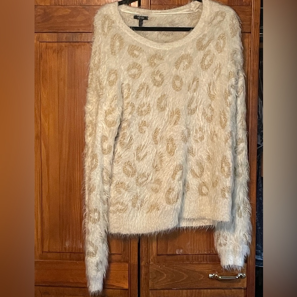 Super soft Cozy Cream Sweater with metallic gold and feather-like design
